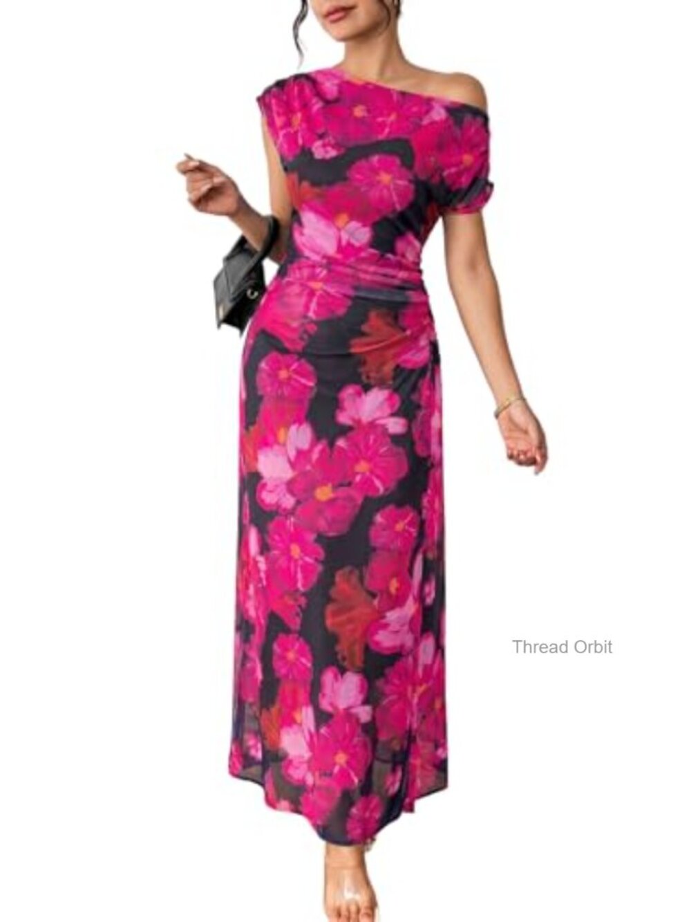 Women's Floral Off Shoulder Maxi Dress Ruched Waist Bodycon Gown